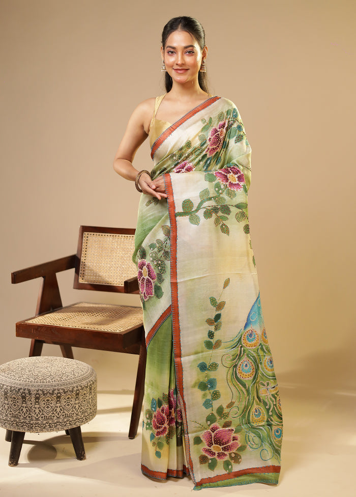 Multicolor Handloom Tussar Pure Silk Saree With Blouse Piece