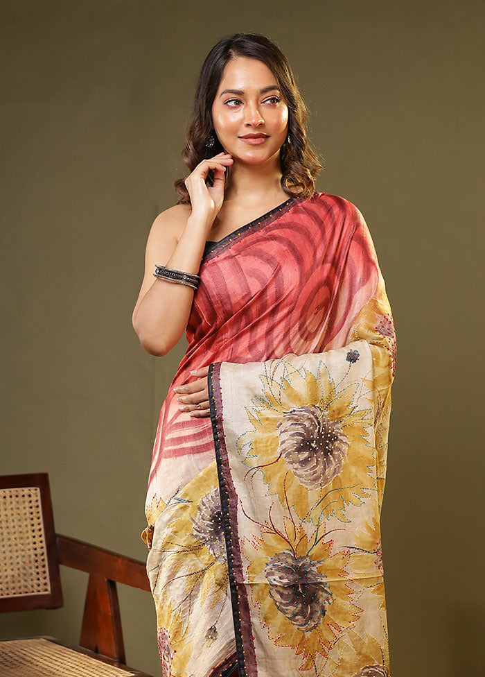 Cream Handloom Tussar Pure Silk Saree With Blouse Piece