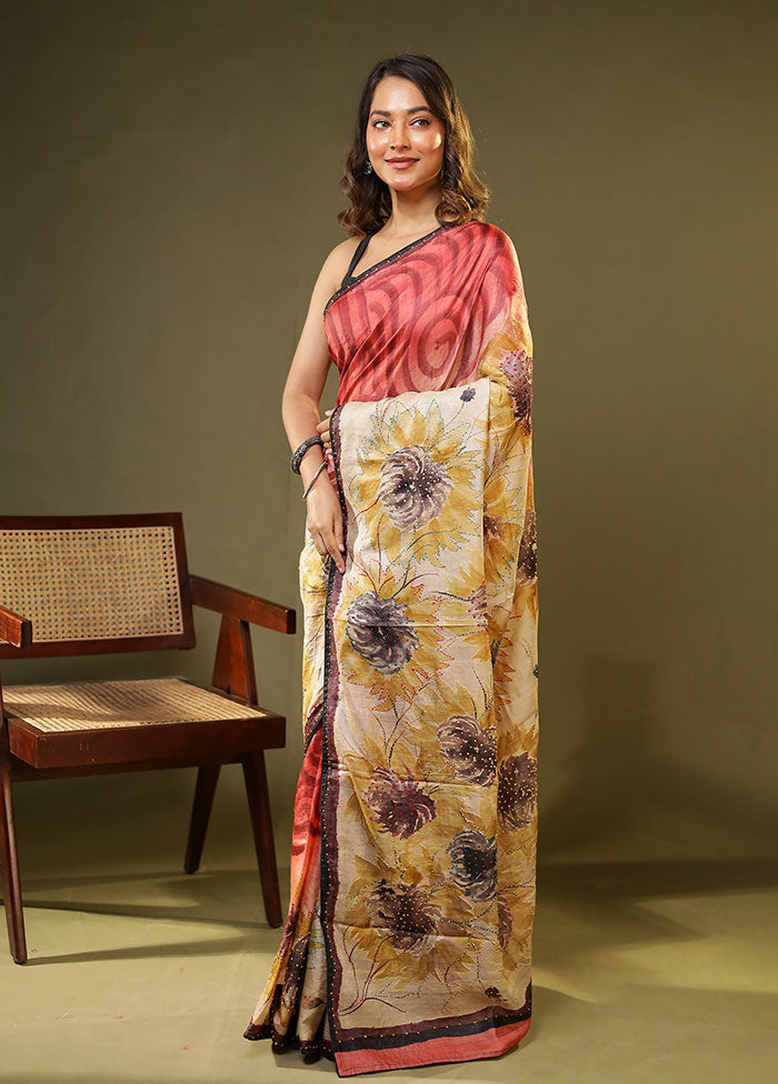 Cream Handloom Tussar Pure Silk Saree With Blouse Piece