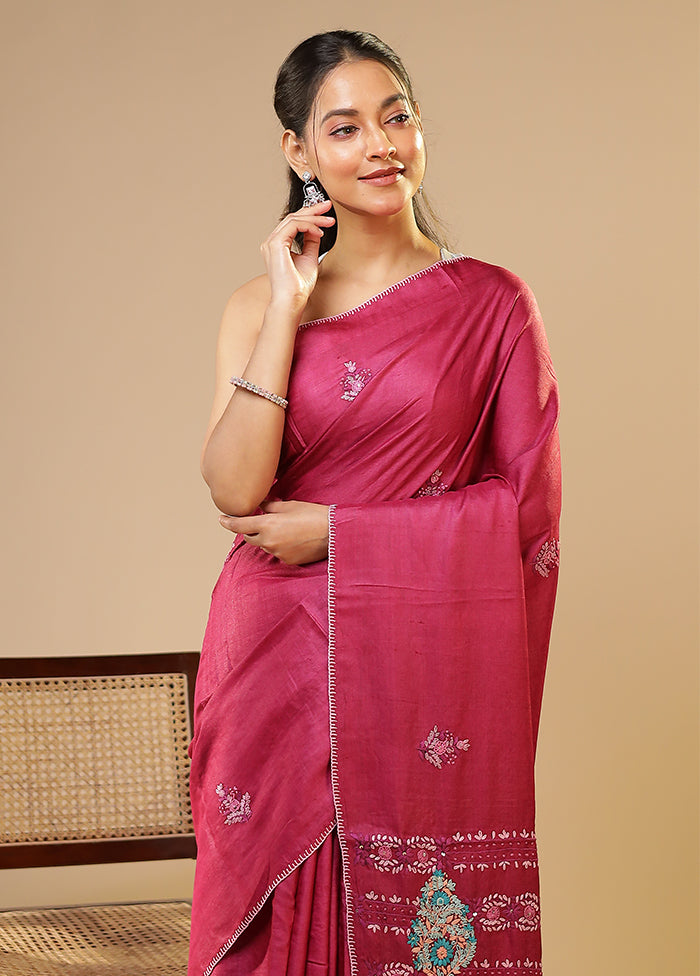 Purple Handloom Tussar Pure Silk Saree With Blouse Piece