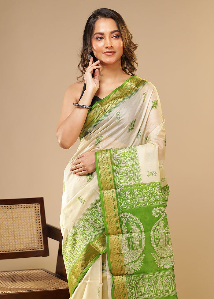 Cream Printed Pure Silk Saree Without Blouse Piece