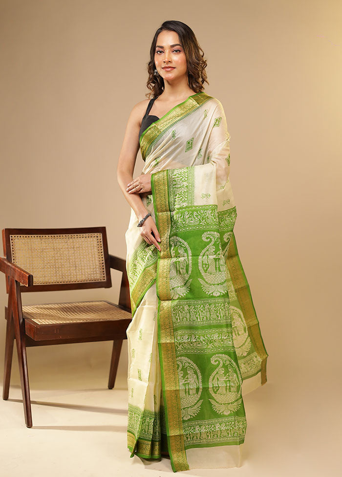 Cream Printed Pure Silk Saree Without Blouse Piece