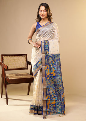 Cream Printed Pure Silk Saree Without Blouse Piece