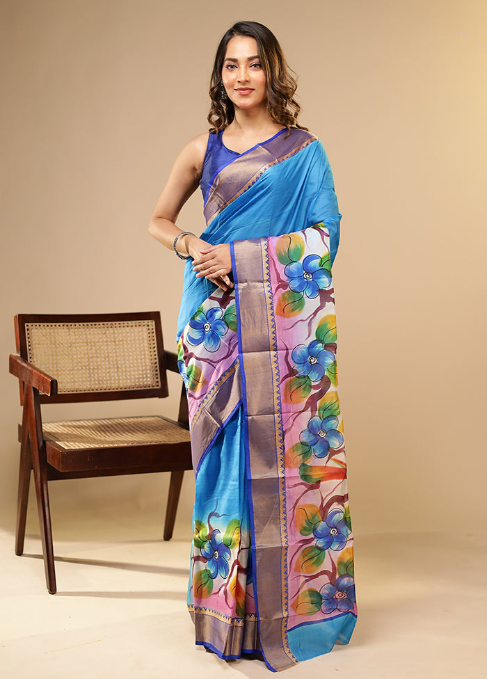 Blue Printed Pure Silk Saree Without Blouse Piece