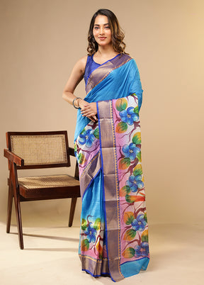 Blue Printed Pure Silk Saree Without Blouse Piece