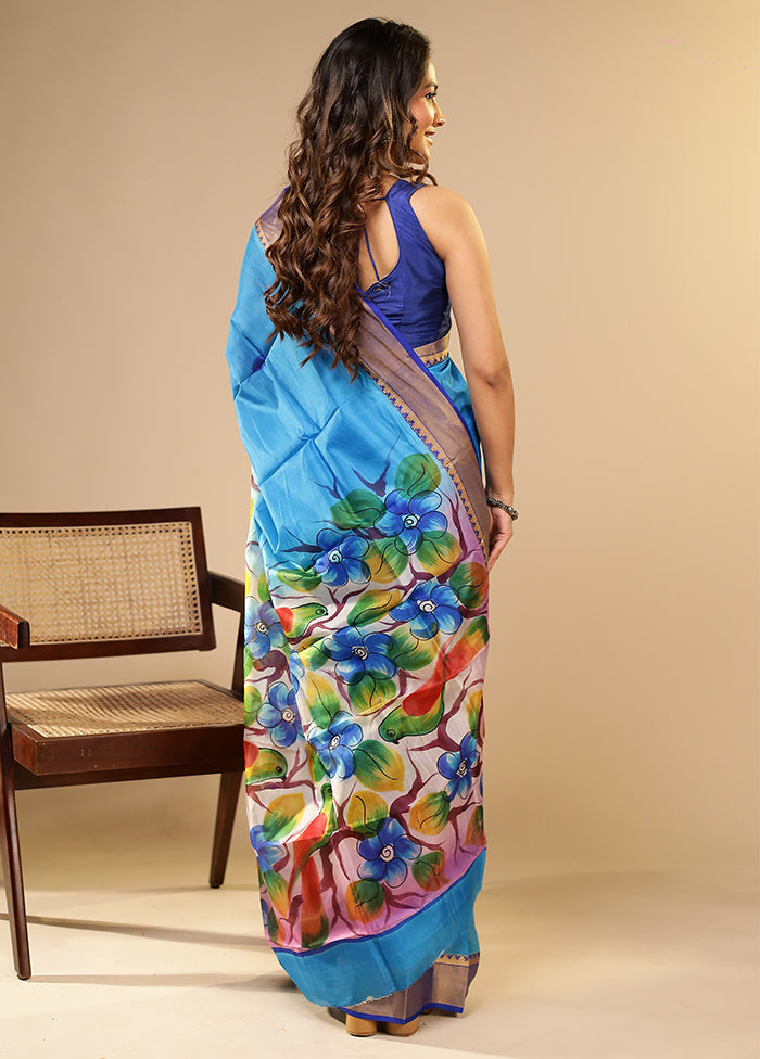 Blue Printed Pure Silk Saree Without Blouse Piece