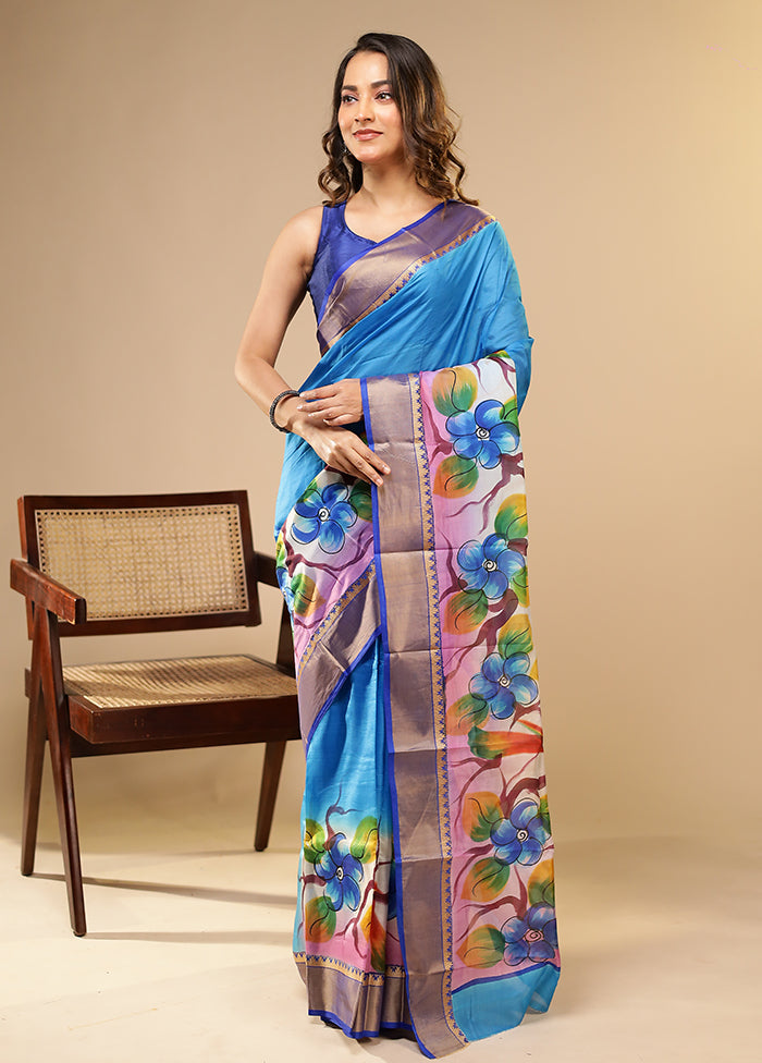 Blue Printed Pure Silk Saree Without Blouse Piece