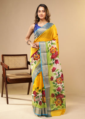 Yellow Printed Pure Silk Saree Without Blouse Piece
