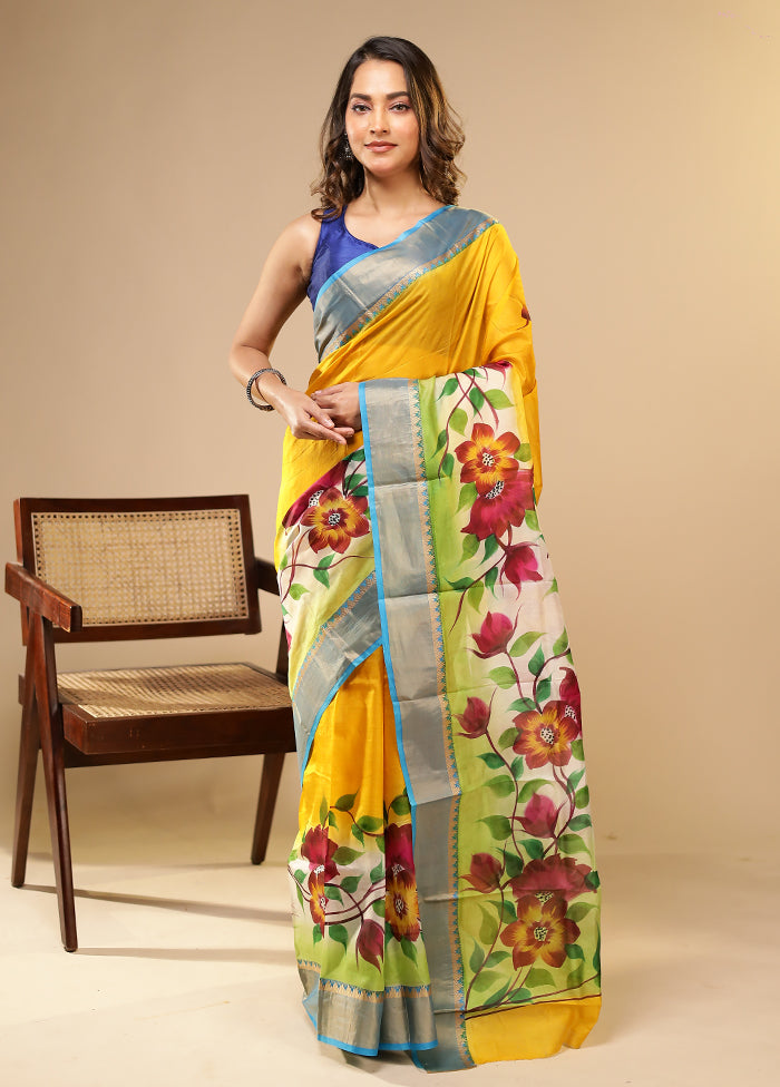 Yellow Printed Pure Silk Saree Without Blouse Piece