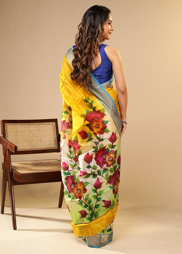 Yellow Printed Pure Silk Saree Without Blouse Piece