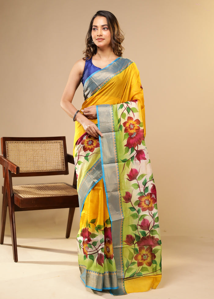 Yellow Printed Pure Silk Saree Without Blouse Piece