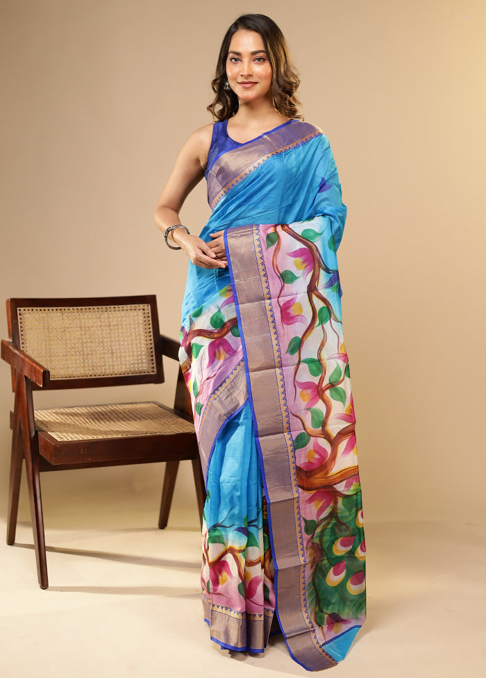 Blue Printed Pure Silk Saree Without Blouse Piece
