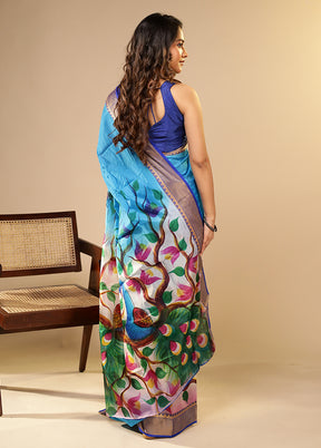 Blue Printed Pure Silk Saree Without Blouse Piece
