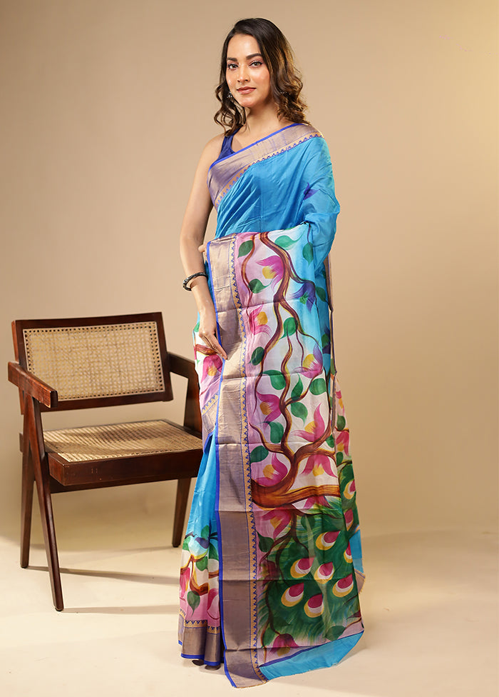 Blue Printed Pure Silk Saree Without Blouse Piece