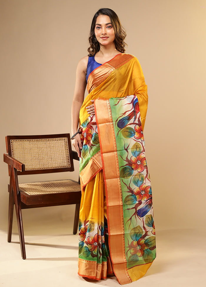 Yellow Printed Pure Silk Saree Without Blouse Piece