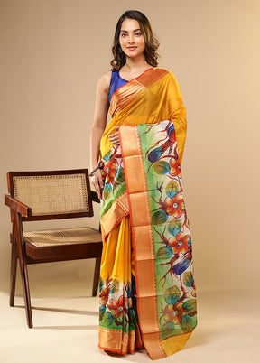 Yellow Printed Pure Silk Saree Without Blouse Piece