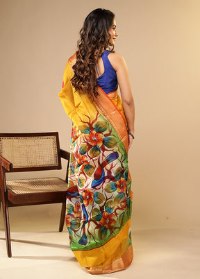 Yellow Printed Pure Silk Saree Without Blouse Piece