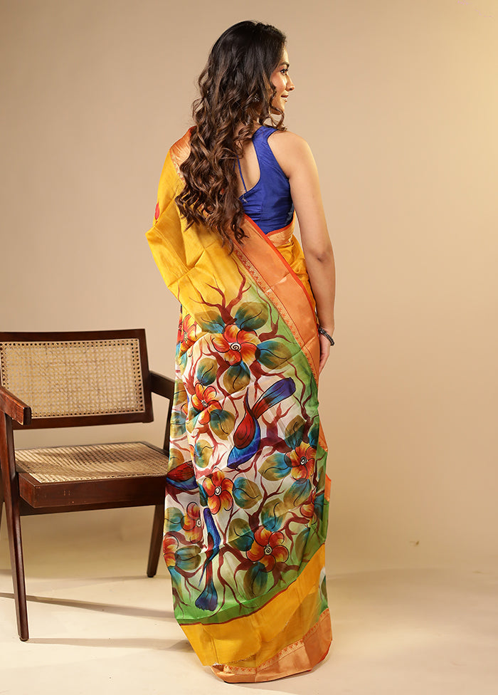 Yellow Printed Pure Silk Saree Without Blouse Piece