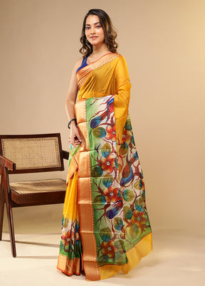 Yellow Printed Pure Silk Saree Without Blouse Piece