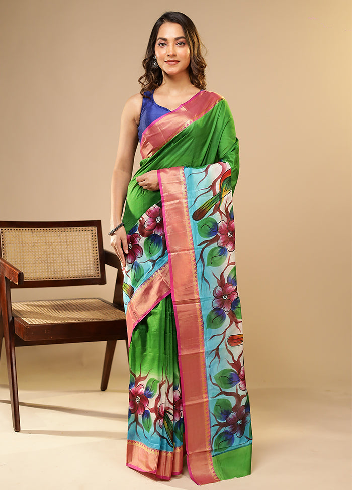 Green Printed Pure Silk Saree Without Blouse Piece