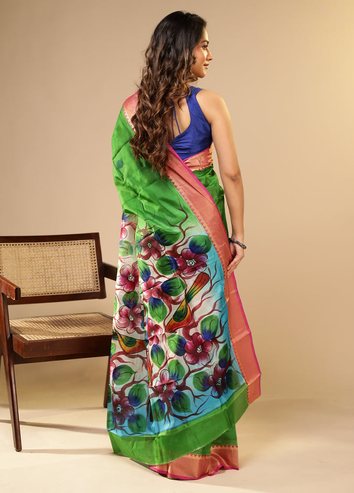 Green Printed Pure Silk Saree Without Blouse Piece