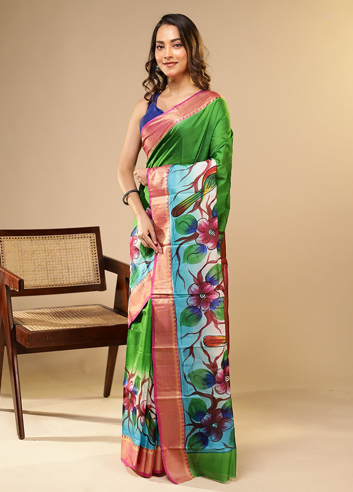 Green Printed Pure Silk Saree Without Blouse Piece