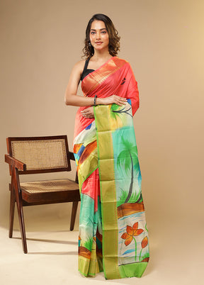 Pink Printed Pure Silk Saree Without Blouse Piece