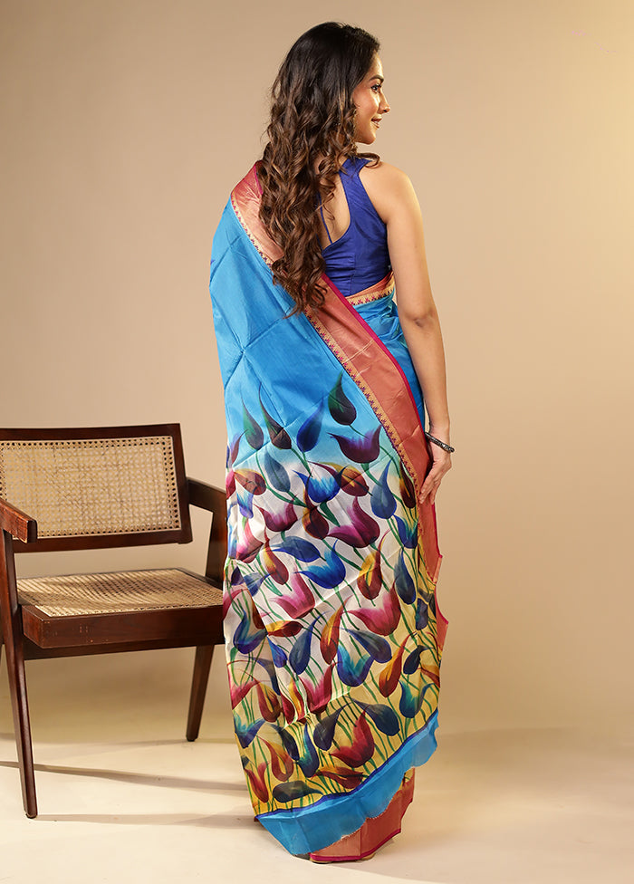Blue Printed Pure Silk Saree Without Blouse Piece