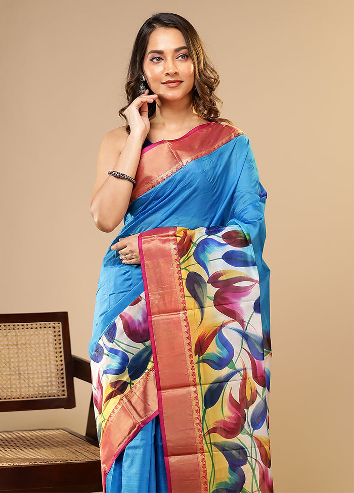 Blue Printed Pure Silk Saree Without Blouse Piece