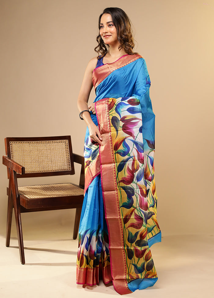 Blue Printed Pure Silk Saree Without Blouse Piece