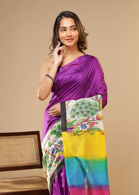 Purple Printed Pure Silk Saree Without Blouse Piece