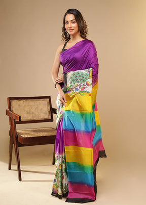 Purple Printed Pure Silk Saree Without Blouse Piece