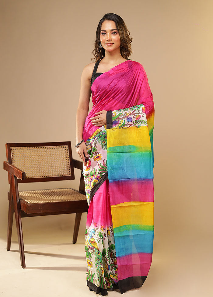 Pink Printed Pure Silk Saree Without Blouse Piece