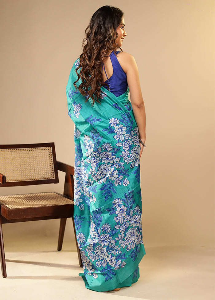 Green Printed Pure Silk Saree Without Blouse Piece