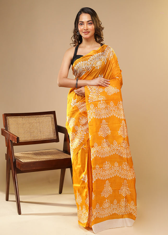 Yellow Printed Pure Silk Saree Without Blouse Piece
