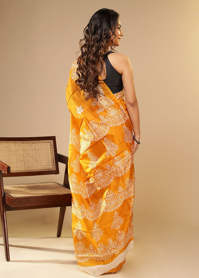 Yellow Printed Pure Silk Saree Without Blouse Piece