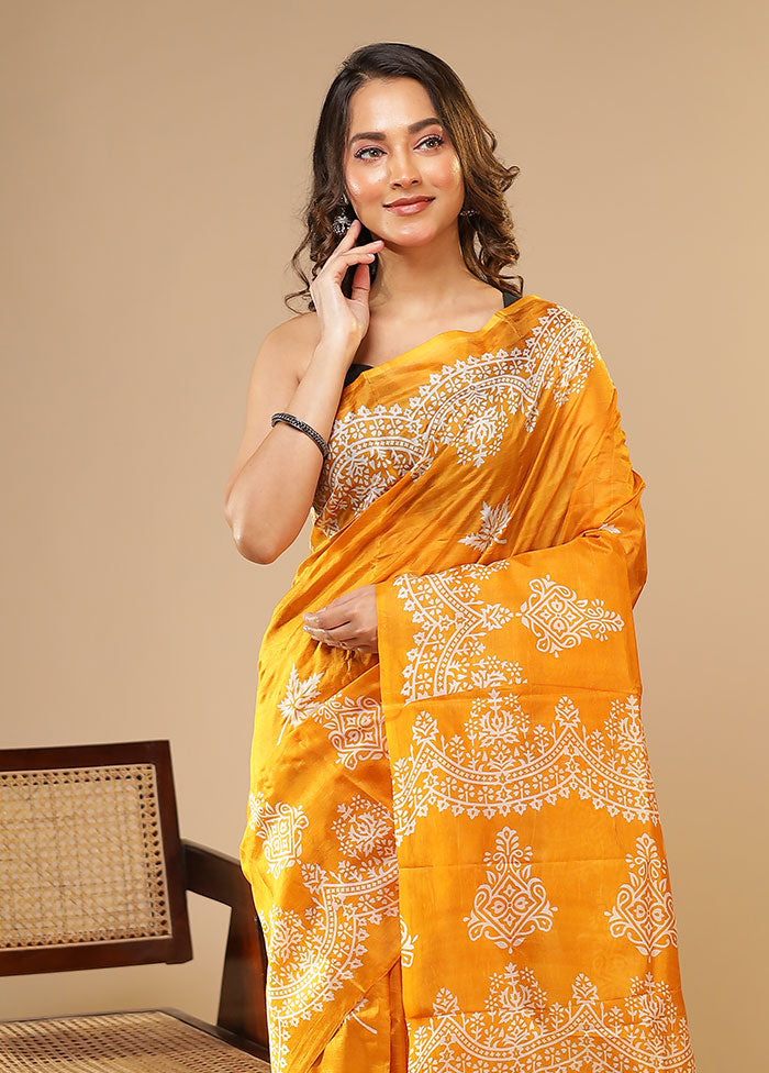 Yellow Printed Pure Silk Saree Without Blouse Piece