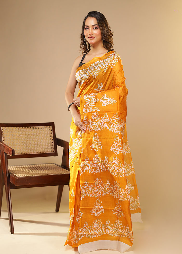 Yellow Printed Pure Silk Saree Without Blouse Piece