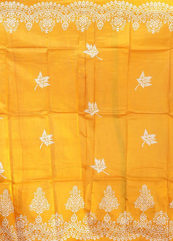 Yellow Printed Pure Silk Saree Without Blouse Piece