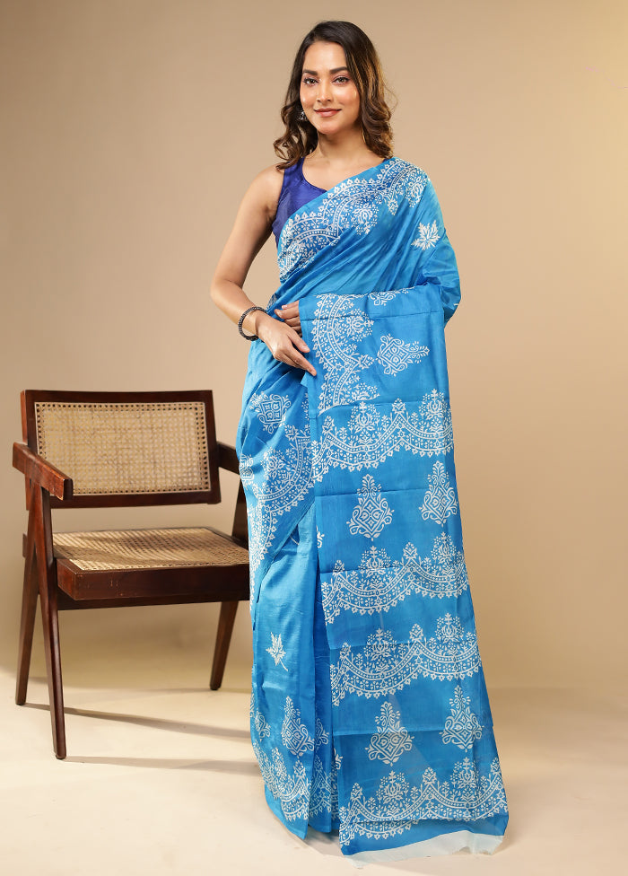 Blue Printed Pure Silk Saree Without Blouse Piece
