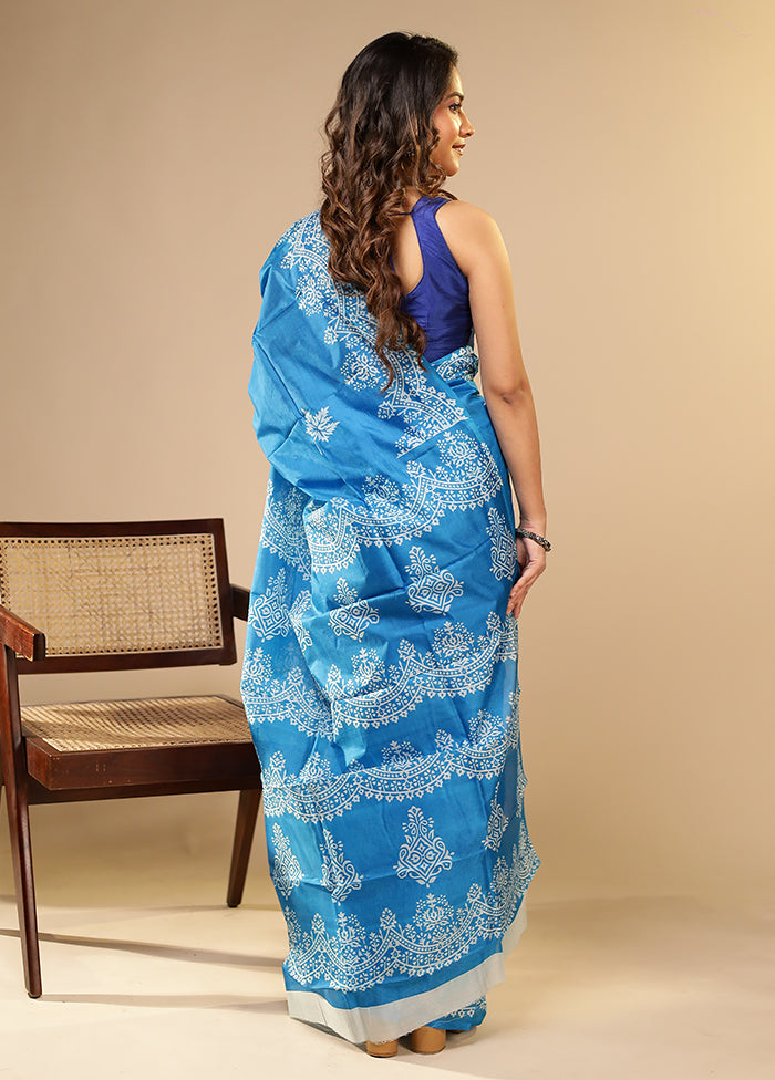 Blue Printed Pure Silk Saree Without Blouse Piece