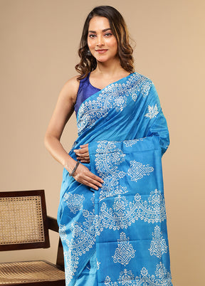 Blue Printed Pure Silk Saree Without Blouse Piece