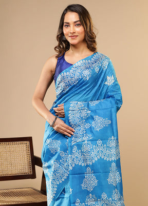 Blue Printed Pure Silk Saree Without Blouse Piece