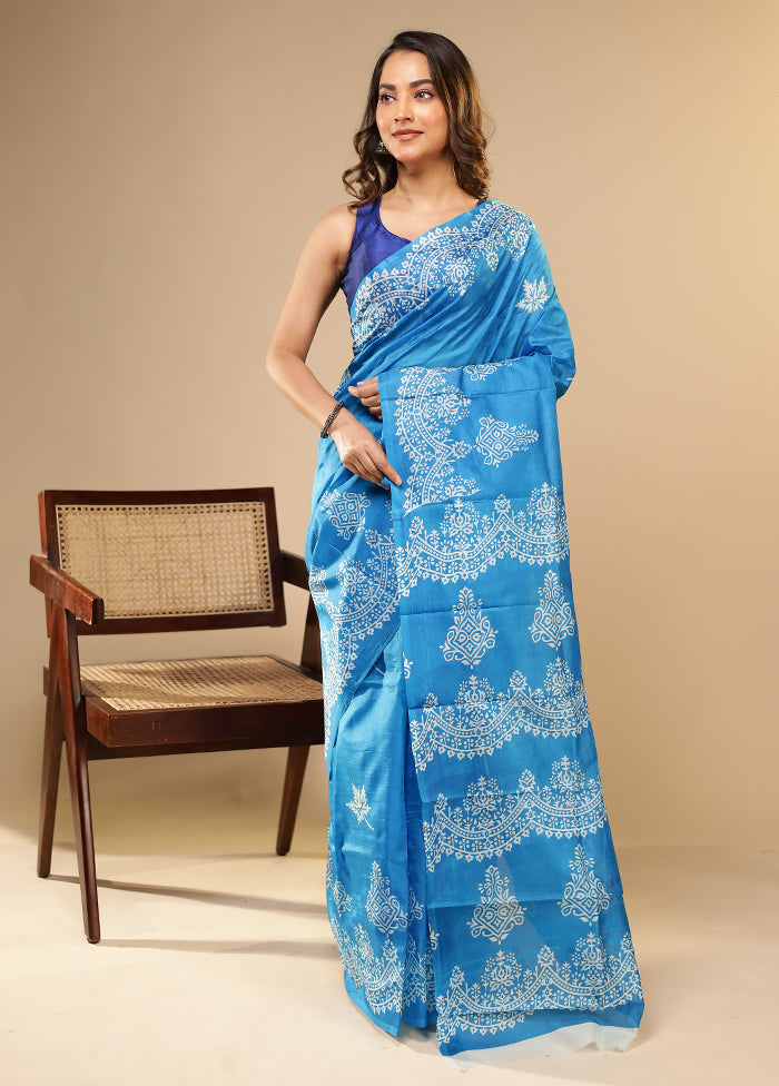Blue Printed Pure Silk Saree Without Blouse Piece