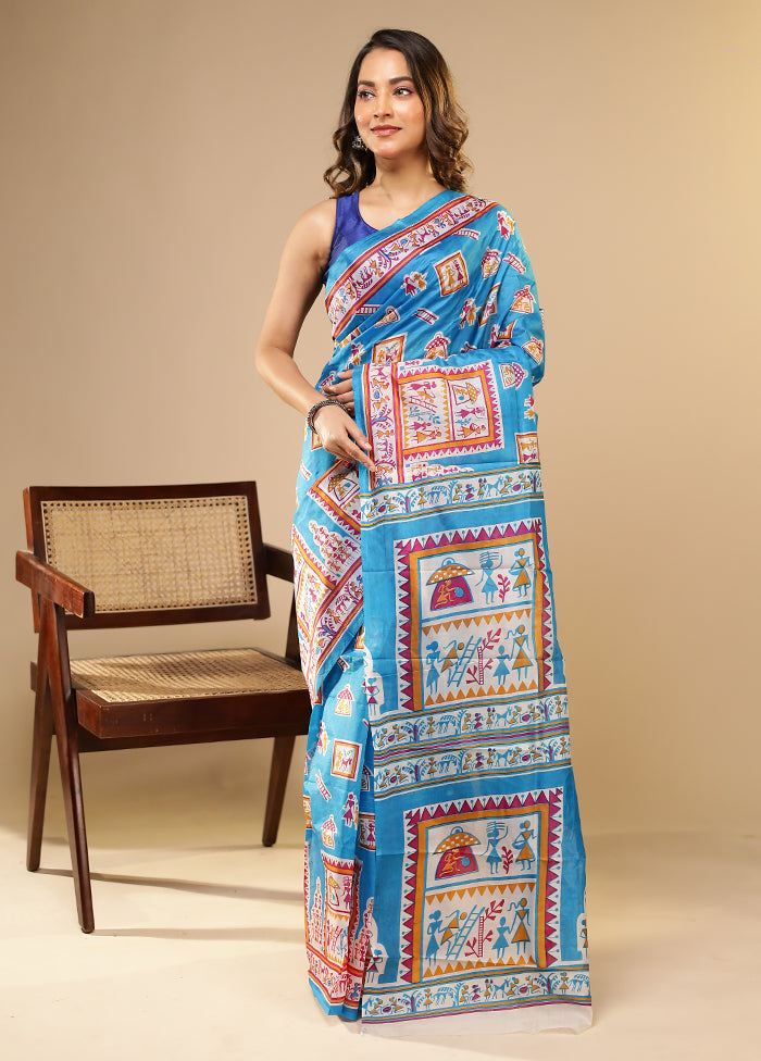 Blue Printed Pure Silk Saree Without Blouse Piece