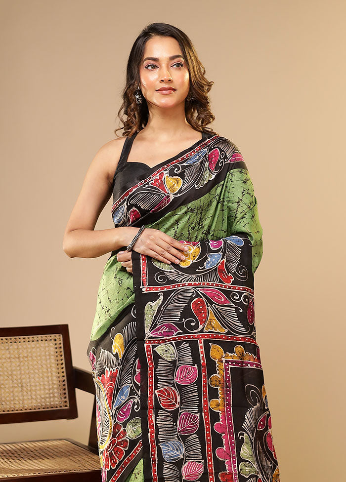 Green Printed Pure Silk Saree Without Blouse Piece