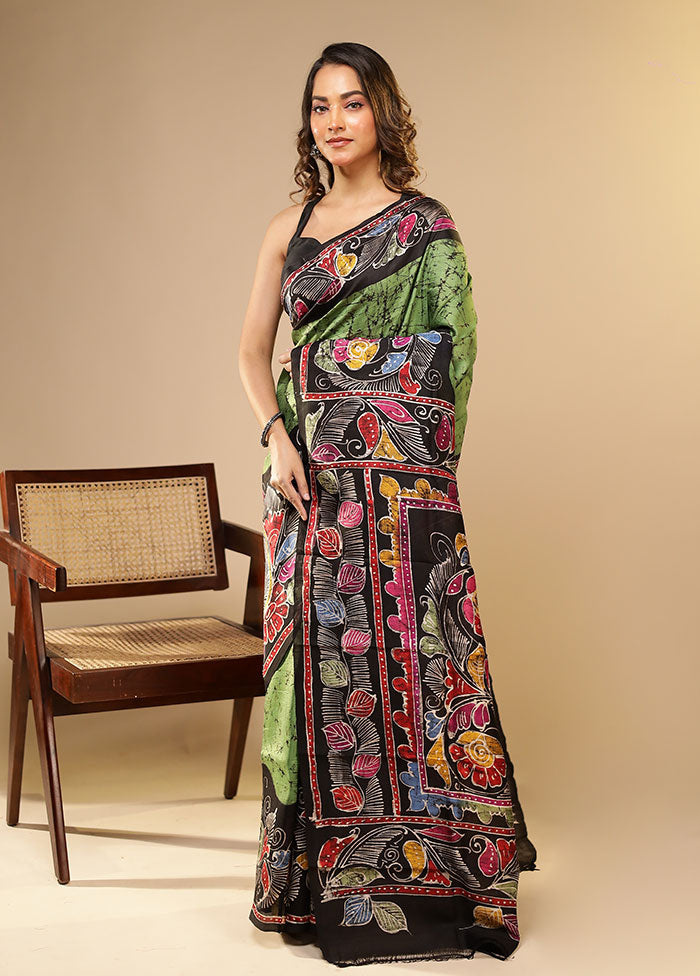 Green Printed Pure Silk Saree Without Blouse Piece