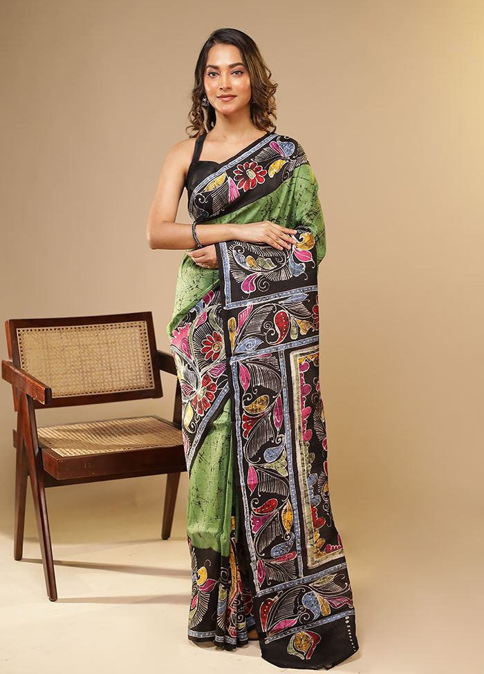 Green Printed Pure Silk Saree Without Blouse Piece