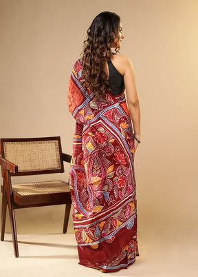 Orange Printed Pure Silk Saree Without Blouse Piece