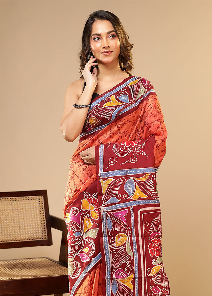 Orange Printed Pure Silk Saree Without Blouse Piece